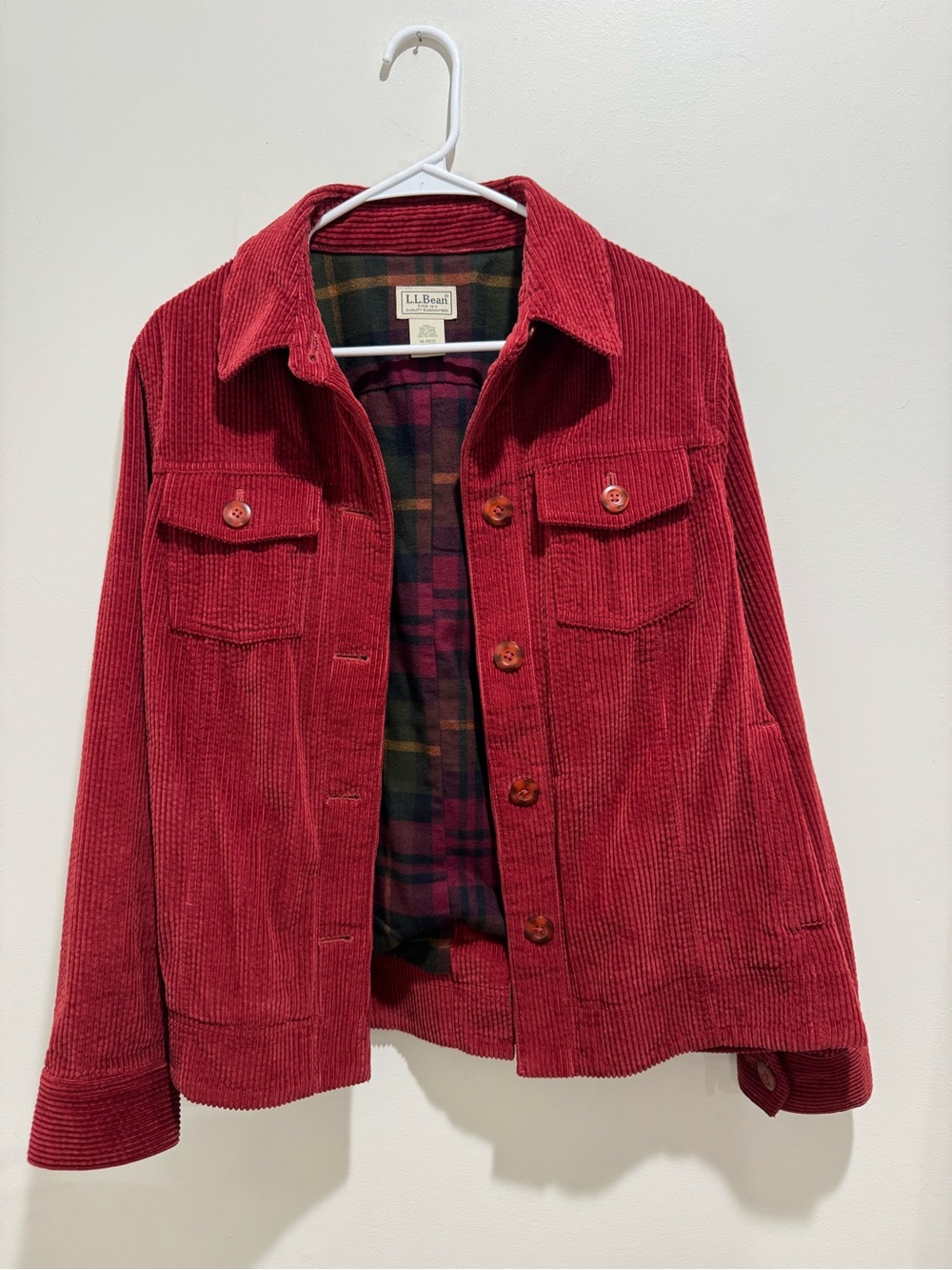 L.L.Bean Red Corduroy Plaid Flannel Lined Button Front Jacket Medium